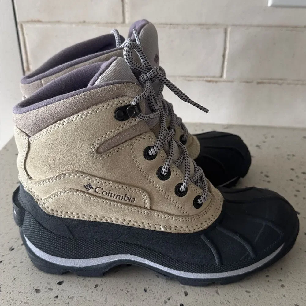 Columbia Snow King Women’s Leather Rubber Beige Gray Purple Snow Boots Size 6.5